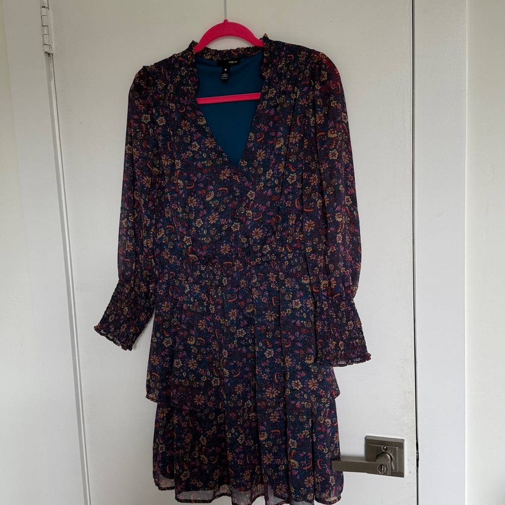 Aqua Navy Floral Long Sleeve Dress